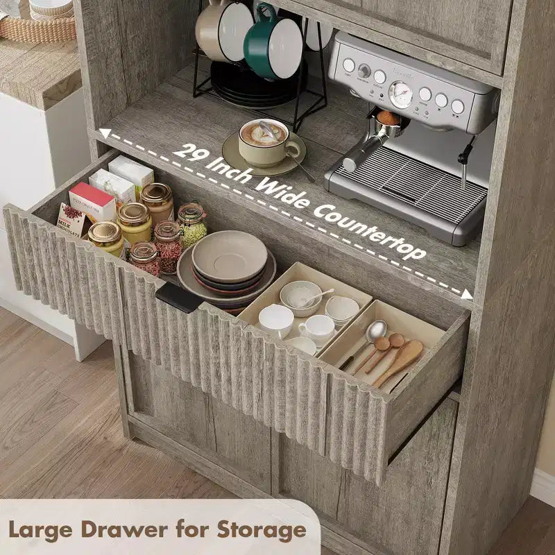 Tall Pantry Cabinet with Microwave Shelf & Drawer, 70 Kitchen Hutch Storage Cabinet with Doors, Fluted Freestanding Cupboard, for Dining Room