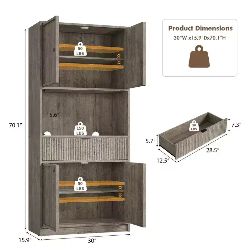 Tall Pantry Cabinet with Microwave Shelf & Drawer, 70 Kitchen Hutch Storage Cabinet with Doors, Fluted Freestanding Cupboard, for Dining Room