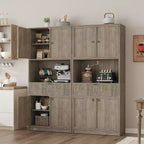 Tall Pantry Cabinet with Microwave Shelf & Drawer, 70 Kitchen Hutch Storage Cabinet with Doors, Fluted Freestanding Cupboard, for Dining Room