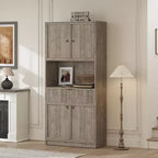 Tall Pantry Cabinet with Microwave Shelf & Drawer, 70 Kitchen Hutch Storage Cabinet with Doors, Fluted Freestanding Cupboard, for Dining Room