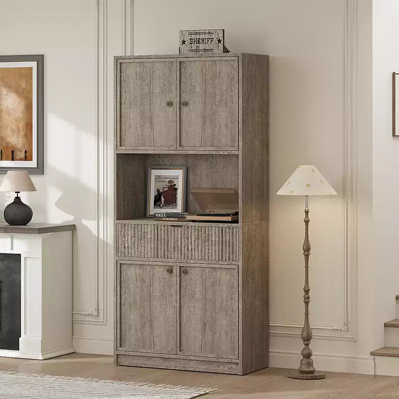 Tall Pantry Cabinet with Microwave Shelf & Drawer, 70 Kitchen Hutch Storage Cabinet with Doors, Fluted Freestanding Cupboard, for Dining Room