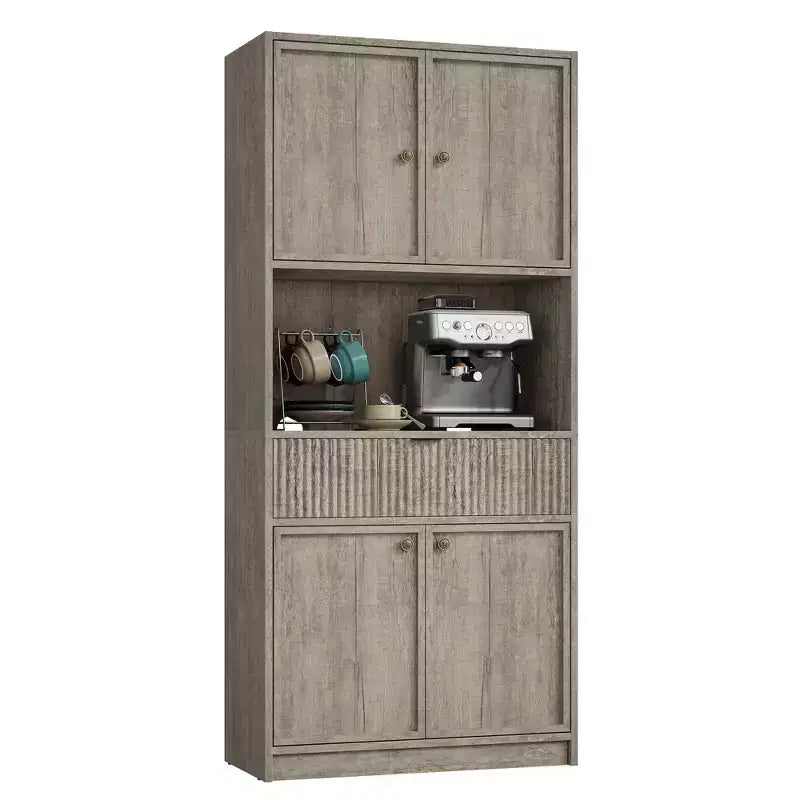 Tall Pantry Cabinet with Microwave Shelf & Drawer, 70 Kitchen Hutch Storage Cabinet with Doors, Fluted Freestanding Cupboard, for Dining Room