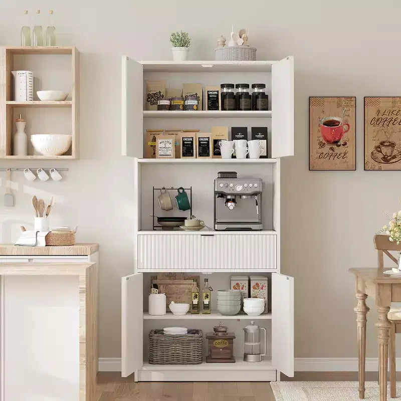 Tall Pantry Cabinet with Microwave Shelf & Drawer, 70 Kitchen Hutch Storage Cabinet with Doors, Fluted Freestanding Cupboard, for Dining Room