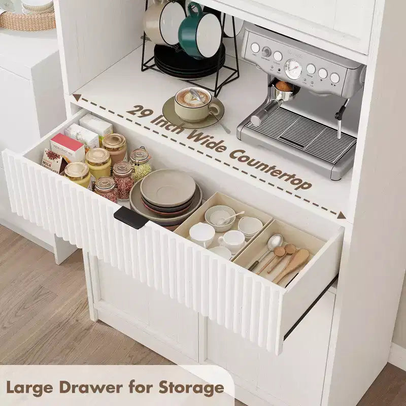 Tall Pantry Cabinet with Microwave Shelf & Drawer, 70 Kitchen Hutch Storage Cabinet with Doors, Fluted Freestanding Cupboard, for Dining Room