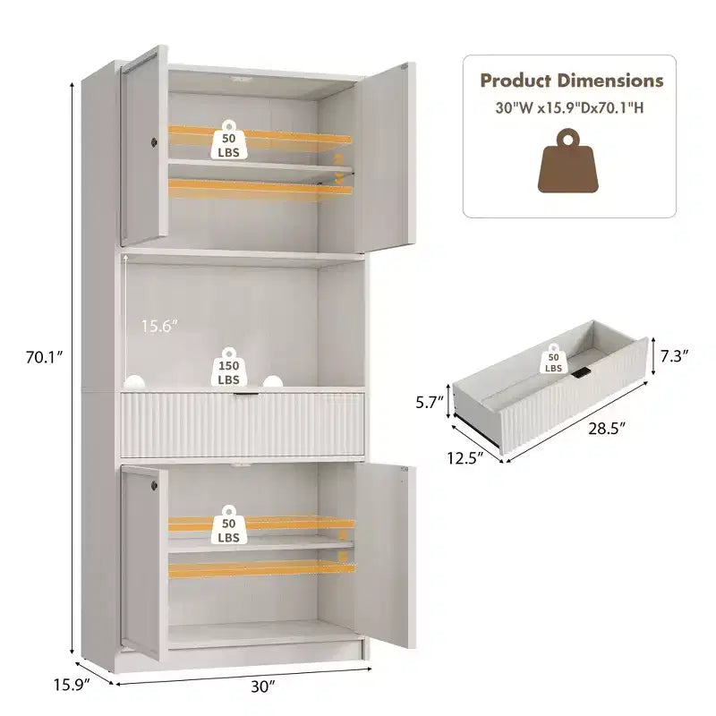 Tall Pantry Cabinet with Microwave Shelf & Drawer, 70 Kitchen Hutch Storage Cabinet with Doors, Fluted Freestanding Cupboard, for Dining Room