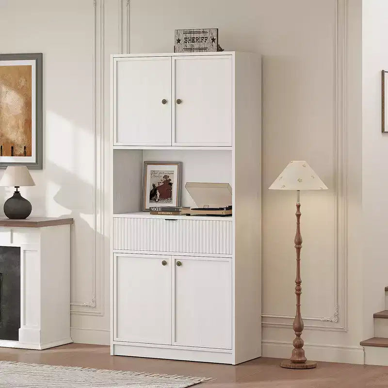 Tall Pantry Cabinet with Microwave Shelf & Drawer, 70 Kitchen Hutch Storage Cabinet with Doors, Fluted Freestanding Cupboard, for Dining Room