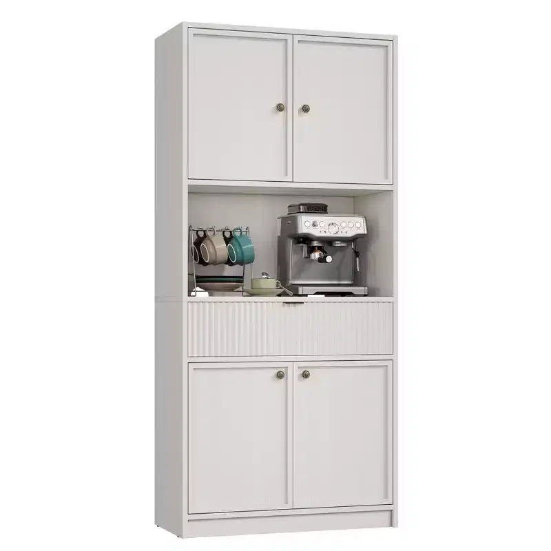 Tall Pantry Cabinet with Microwave Shelf & Drawer, 70 Kitchen Hutch Storage Cabinet with Doors, Fluted Freestanding Cupboard, for Dining Room