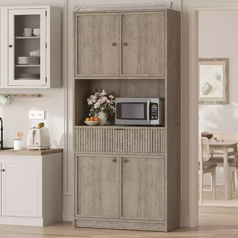 Armadio dispensa alto con ripiano e cassetto per microonde, credenza da cucina da 70 pollici con ante, credenza autoportante scanalata, per sala da pranzo