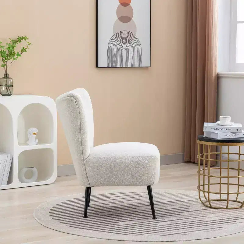 Moderna sedia di design senza braccioli in tessuto bouclé con imbottitura in schiuma e gambe in legno di caucciù – Sedia elegante e confortevole per salotto, ufficio e camera da letto