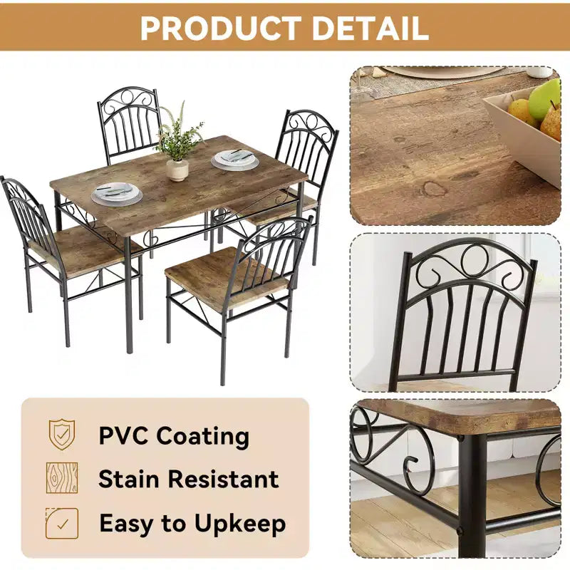 Dining Table Set of 4,Retro Industrial Dining Table & Chairs,Wood Table Chairs Set for Small Space,Breakfast Nook,1 Table + 4 Chairs (Rustic Brown)