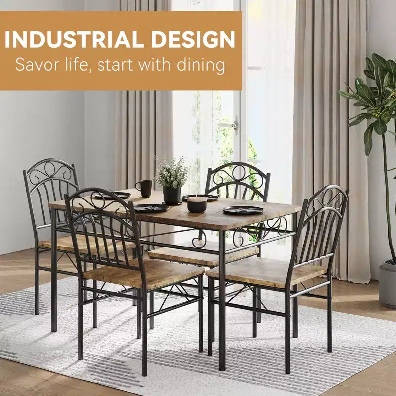Dining Table Set of 4,Retro Industrial Dining Table & Chairs,Wood Table Chairs Set for Small Space,Breakfast Nook,1 Table + 4 Chairs (Rustic Brown)