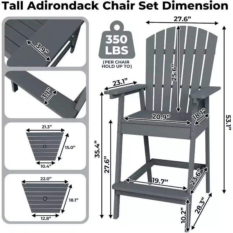 Acekool Bar Height Adirondack Chairs Set of 2 with Connecting Tray, Natural Wood Elevated Patio Chairs for Deck & Backyard