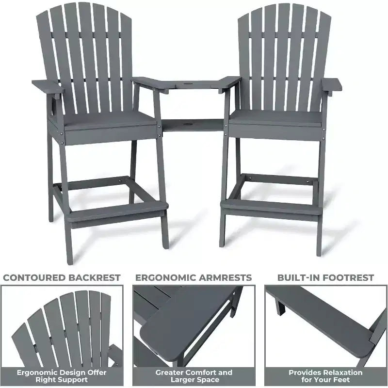 Acekool Bar Height Adirondack Chairs Set of 2 with Connecting Tray, Natural Wood Elevated Patio Chairs for Deck & Backyard