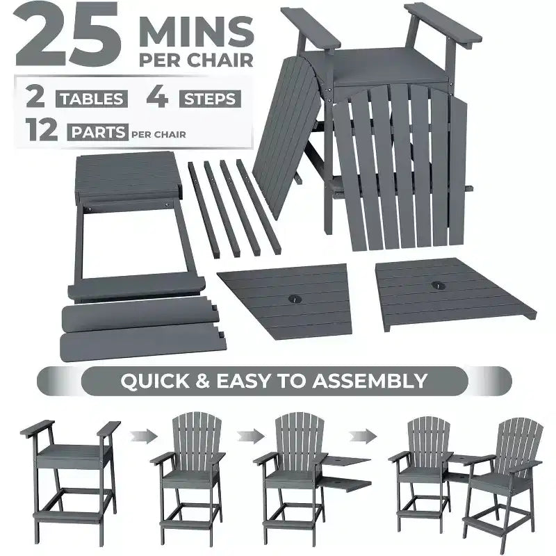 Acekool Bar Height Adirondack Chairs Set of 2 with Connecting Tray, Natural Wood Elevated Patio Chairs for Deck & Backyard