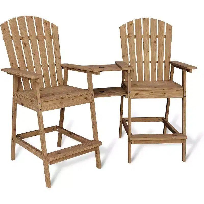 Acekool Bar Height Adirondack Chairs Set of 2 with Connecting Tray, Natural Wood Elevated Patio Chairs for Deck & Backyard