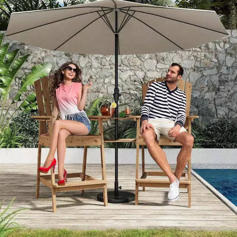 Acekool Bar Height Adirondack Chairs Set of 2 with Connecting Tray, Natural Wood Elevated Patio Chairs for Deck & Backyard