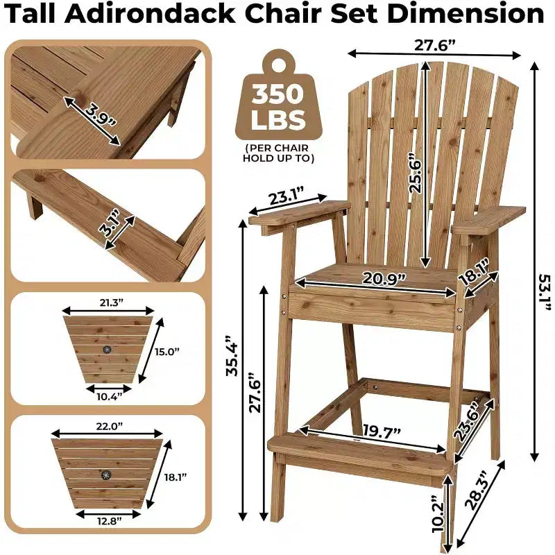 Acekool Bar Height Adirondack Chairs Set of 2 with Connecting Tray, Natural Wood Elevated Patio Chairs for Deck & Backyard