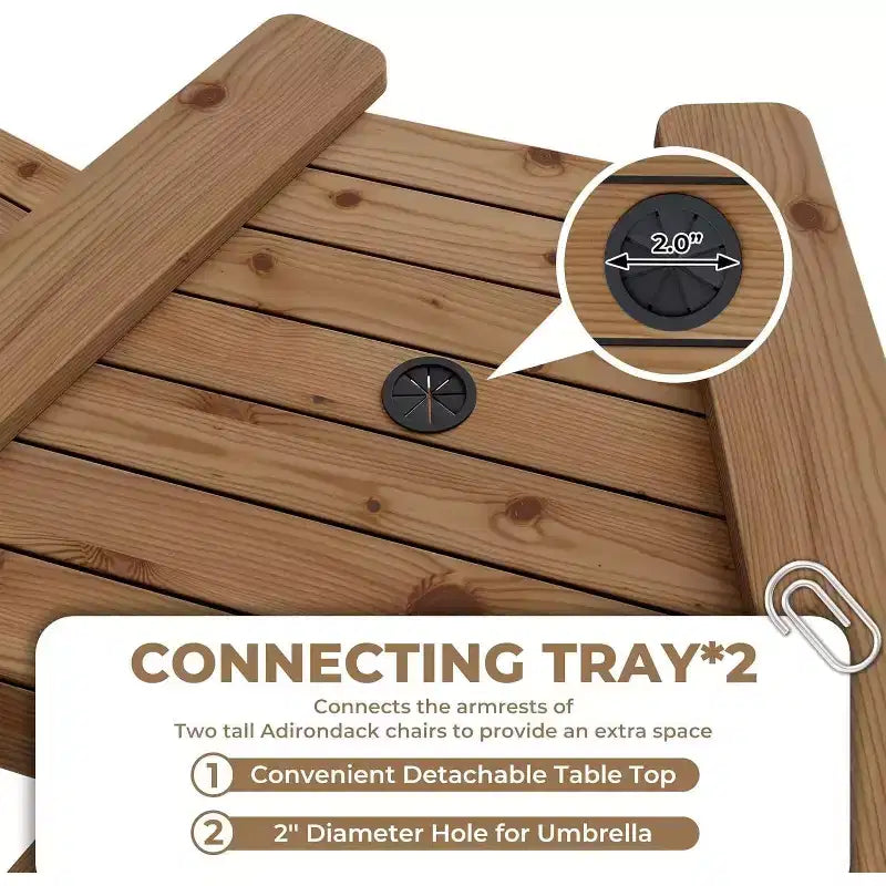 Acekool Bar Height Adirondack Chairs Set of 2 with Connecting Tray, Natural Wood Elevated Patio Chairs for Deck & Backyard