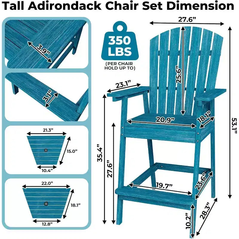 Acekool Bar Height Adirondack Chairs Set of 2 with Connecting Tray, Natural Wood Elevated Patio Chairs for Deck & Backyard