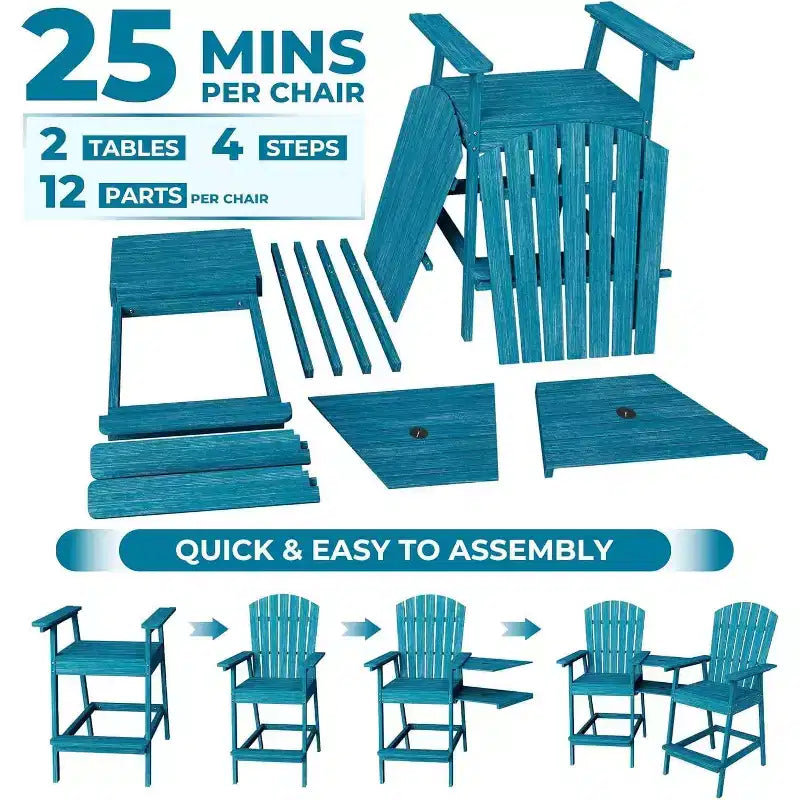 Acekool Bar Height Adirondack Chairs Set of 2 with Connecting Tray, Natural Wood Elevated Patio Chairs for Deck & Backyard