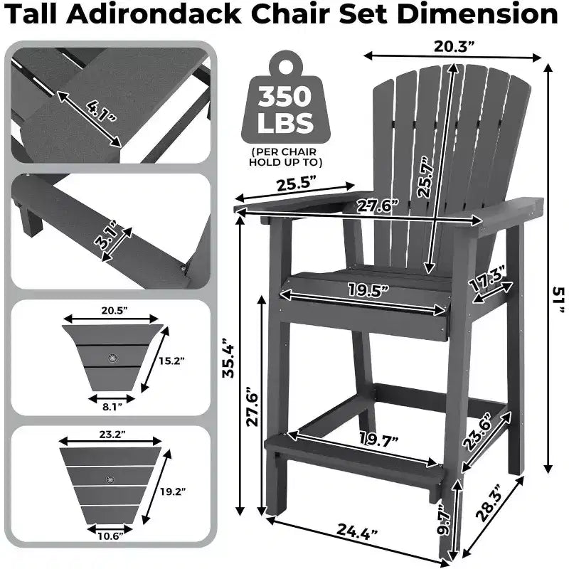 Acekool Recycled Poly Barstool Adirondack Set - 2 Weatherproof Chairs with Connecting Tray