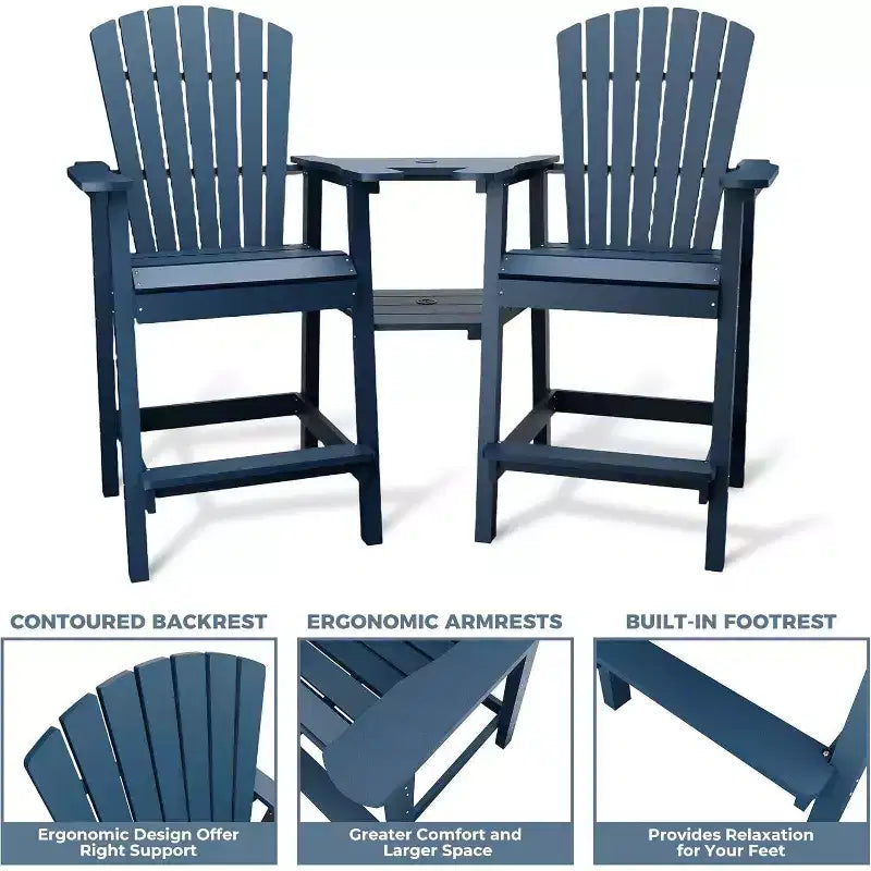 Acekool Recycled Poly Barstool Adirondack Set - 2 Weatherproof Chairs with Connecting Tray