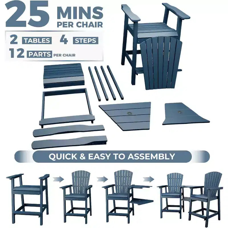 Acekool Recycled Poly Barstool Adirondack Set - 2 Weatherproof Chairs with Connecting Tray