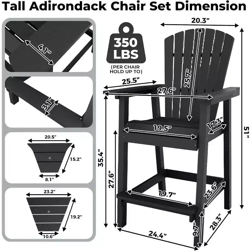 Acekool Recycled Poly Barstool Adirondack Set - 2 Weatherproof Chairs with Connecting Tray