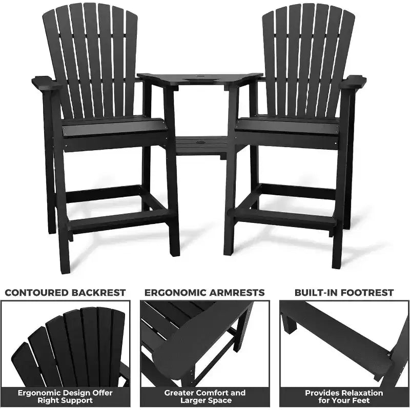 Acekool Recycled Poly Barstool Adirondack Set - 2 Weatherproof Chairs with Connecting Tray