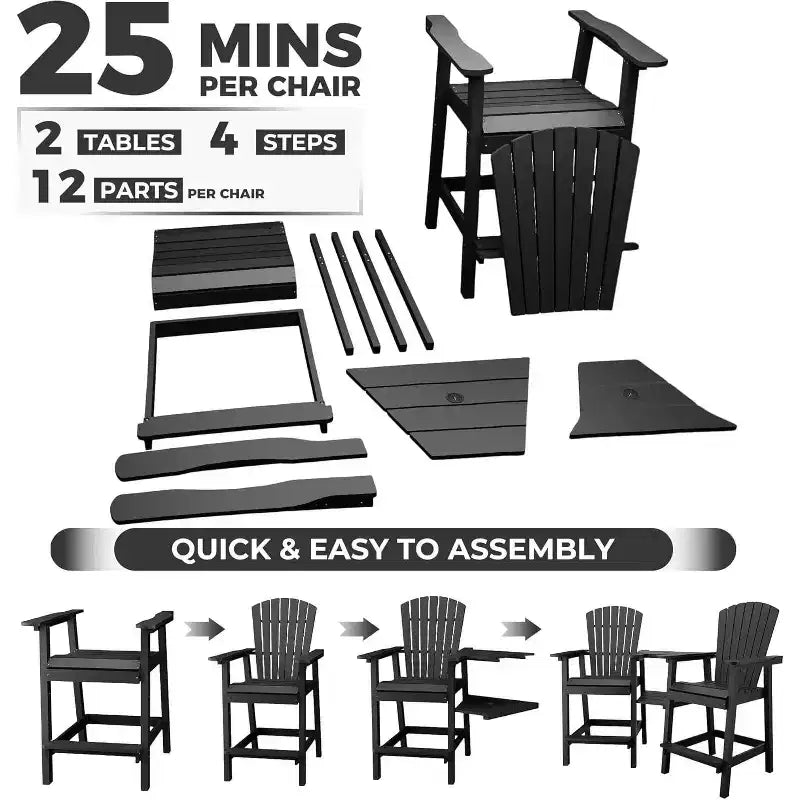 Acekool Recycled Poly Barstool Adirondack Set - 2 Weatherproof Chairs with Connecting Tray