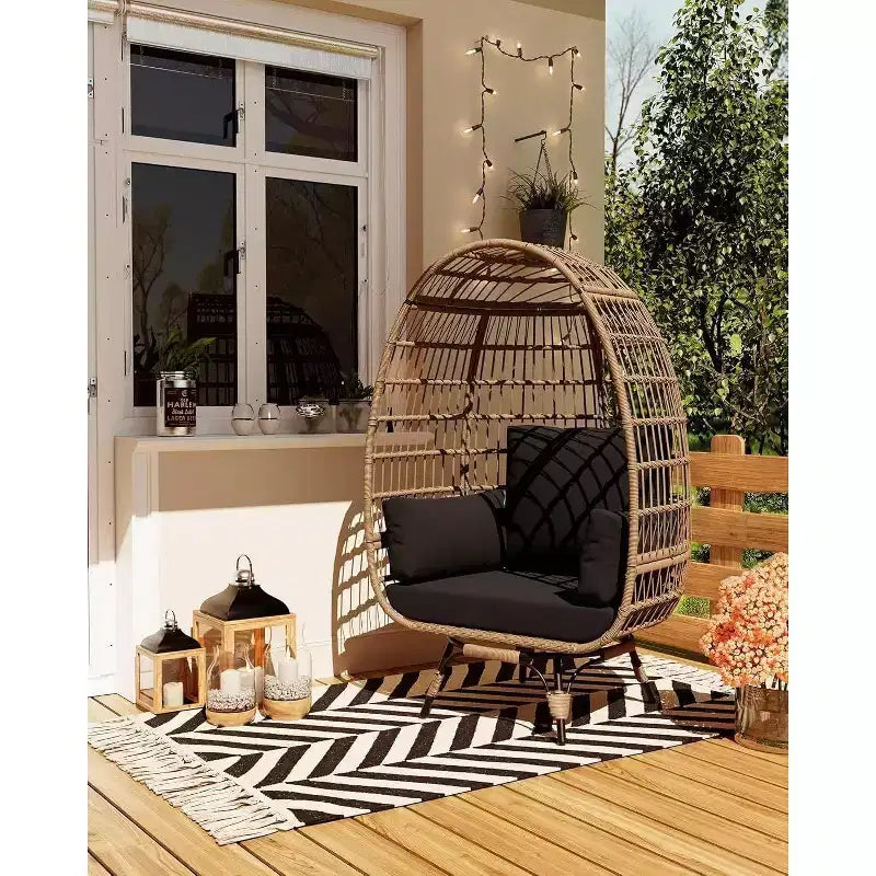 Acekool 360 Swivel Egg Chair with Cushion - PE Rattan Lounge Chair for Indoor/Outdoor Use