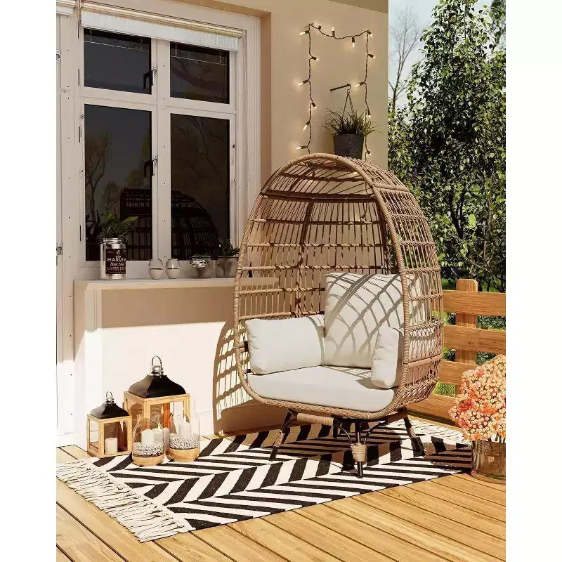 Acekool 360 Swivel Egg Chair with Cushion - PE Rattan Lounge Chair for Indoor/Outdoor Use