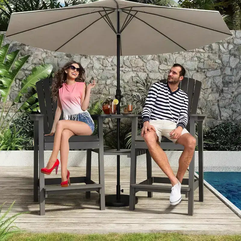 Acekool Recycled Poly Adirondack Bar Chair Set - 4 Weatherproof Tall Chairs with 2 Connecting Trays,Grey