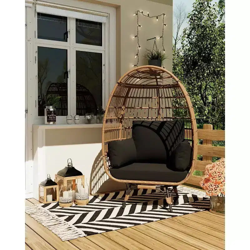 Acekool 360 Swivel Egg Chair with Cushions - Indoor/Outdoor Rattan Lounge Chair for Patio & Living Room