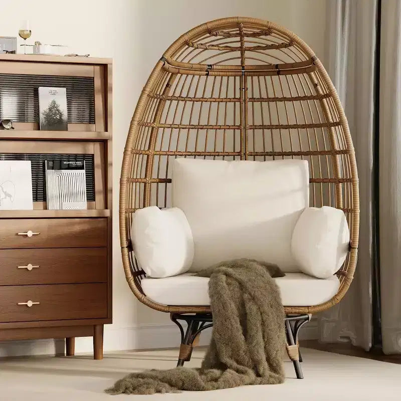 Acekool 360 Swivel Egg Chair with Cushions - Indoor/Outdoor Rattan Lounge Chair for Patio & Living Room