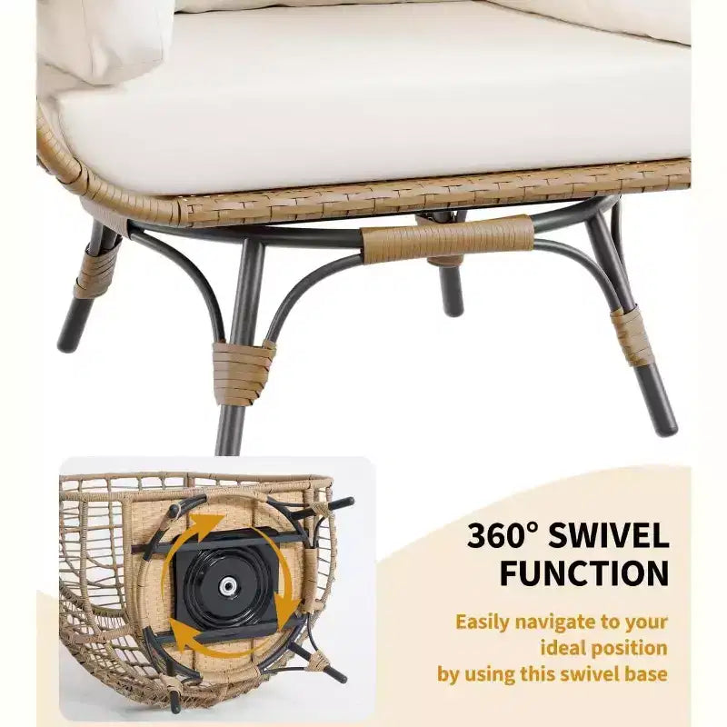 Acekool 360 Swivel Egg Chair with Cushions - Indoor/Outdoor Rattan Lounge Chair for Patio & Living Room