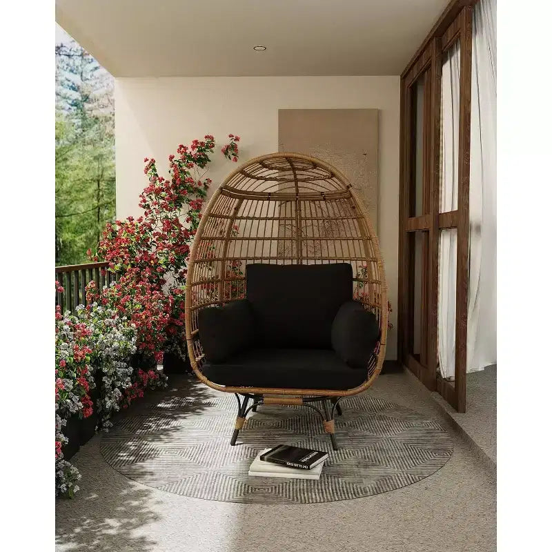 Sedia a uovo girevole a 360° Acekool con cuscini - Sedia a sdraio in rattan per interni/esterni per patio e soggiorno