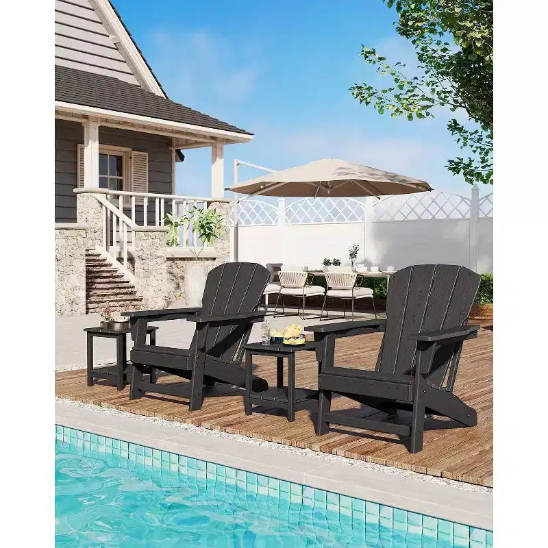 Poltrona Acekool Oversize Adirondack in plastica HDPE resistente alle intemperie con texture effetto legno, capacità 172 kg, sedia da esterno per patio e braciere, nera