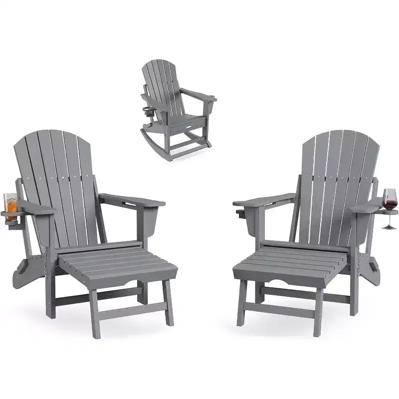 Acekool 4-in-1 Folding Adirondack Rocking Chair with Retractable Ottoman and Dual Cup Holders, HDPE Outdoor Rocker Set