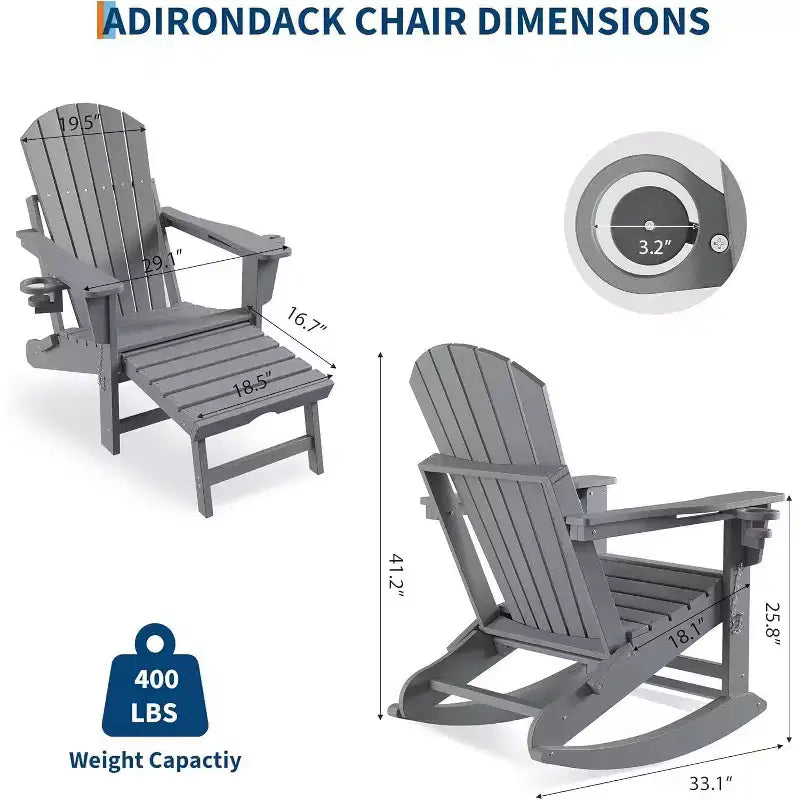Acekool 4-in-1 Folding Adirondack Rocking Chair with Retractable Ottoman and Dual Cup Holders, HDPE Outdoor Rocker Set