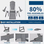 Acekool 4-in-1 Folding Adirondack Rocking Chair with Retractable Ottoman and Dual Cup Holders, HDPE Outdoor Rocker Set