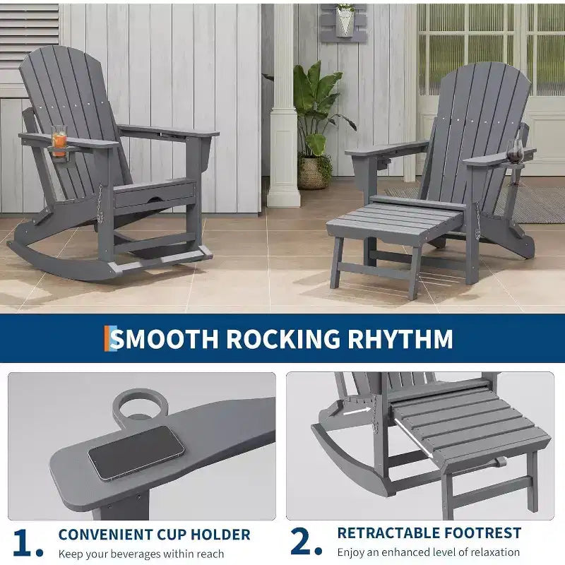 Acekool 4-in-1 Folding Adirondack Rocking Chair with Retractable Ottoman and Dual Cup Holders, HDPE Outdoor Rocker Set