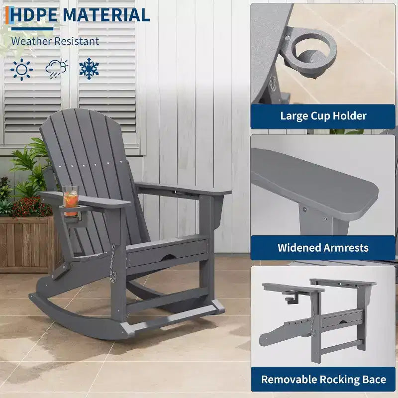 Acekool 4-in-1 Folding Adirondack Rocking Chair with Retractable Ottoman and Dual Cup Holders, HDPE Outdoor Rocker Set
