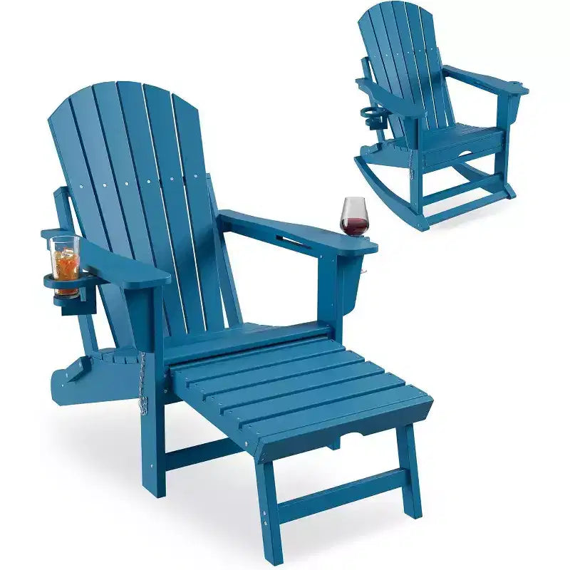Acekool 4-in-1 Folding Adirondack Rocking Chair with Retractable Ottoman and Dual Cup Holders, HDPE Outdoor Rocker Set