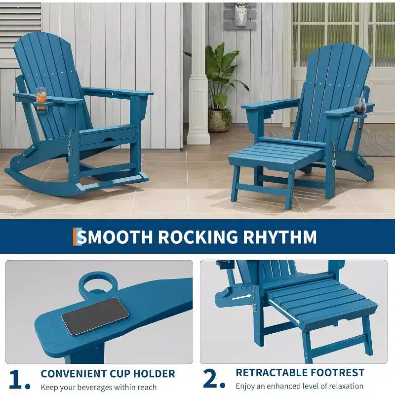 Acekool 4-in-1 Folding Adirondack Rocking Chair with Retractable Ottoman and Dual Cup Holders, HDPE Outdoor Rocker Set
