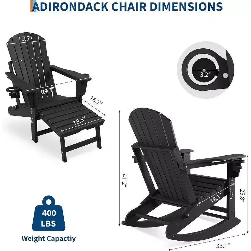 Acekool 4-in-1 Folding Adirondack Rocking Chair with Retractable Ottoman and Dual Cup Holders, HDPE Outdoor Rocker Set