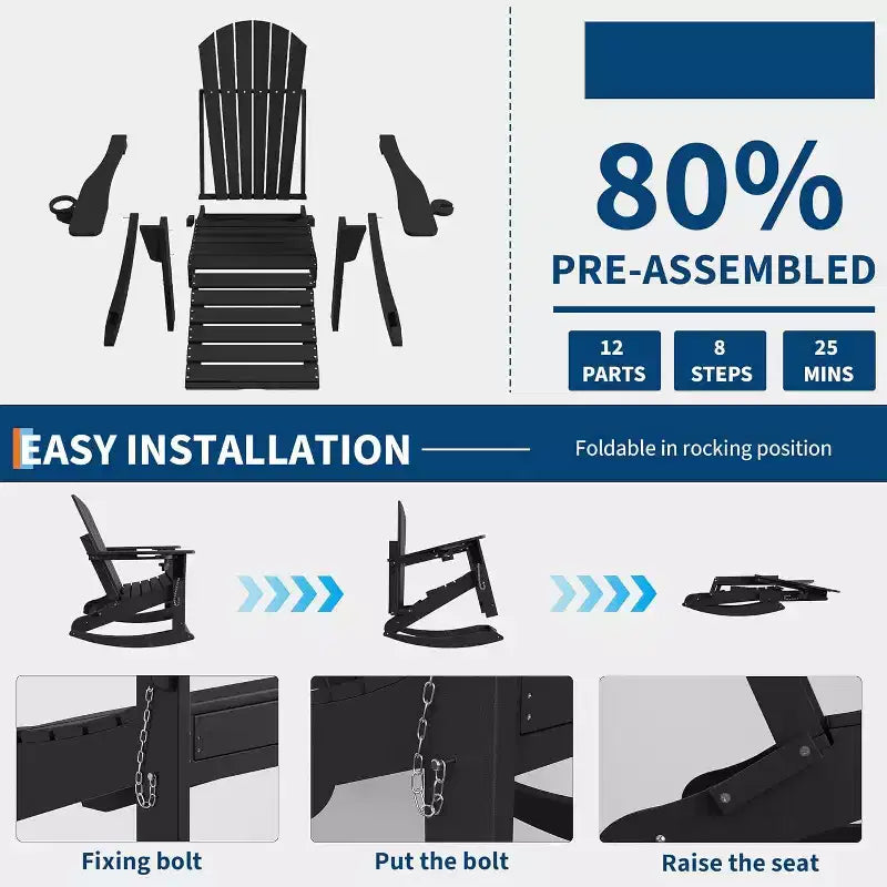 Acekool 4-in-1 Folding Adirondack Rocking Chair with Retractable Ottoman and Dual Cup Holders, HDPE Outdoor Rocker Set