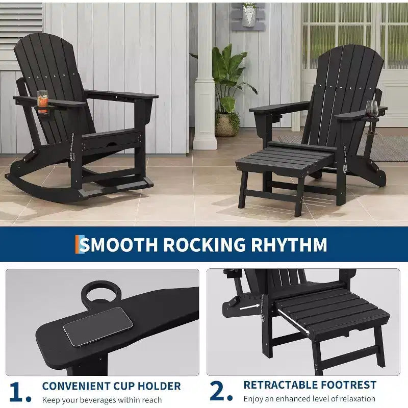 Acekool 4-in-1 Folding Adirondack Rocking Chair with Retractable Ottoman and Dual Cup Holders, HDPE Outdoor Rocker Set