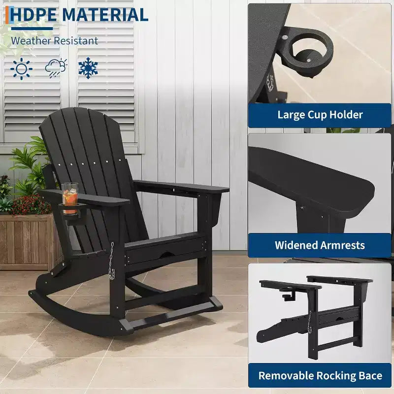 Acekool 4-in-1 Folding Adirondack Rocking Chair with Retractable Ottoman and Dual Cup Holders, HDPE Outdoor Rocker Set