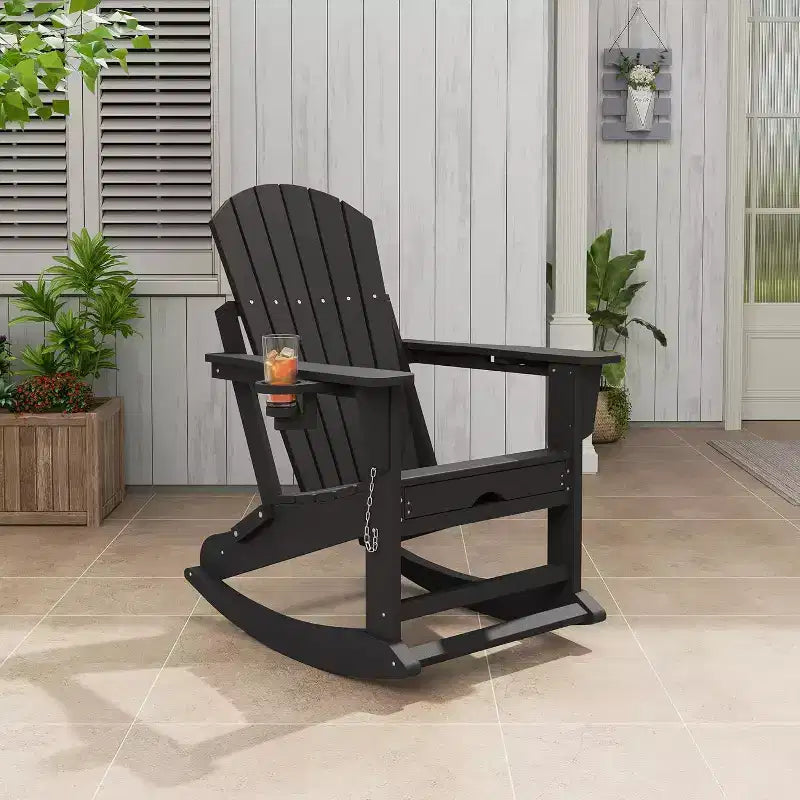 Acekool 4-in-1 Folding Adirondack Rocking Chair with Retractable Ottoman and Dual Cup Holders, HDPE Outdoor Rocker Set